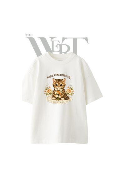 Thewert Rage Kitten Tasarım Baskılı Ünisex Beyaz Oversize T-shirt