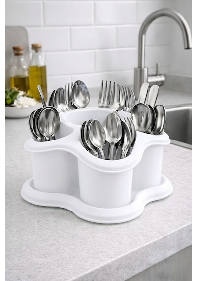 Mutfak Tezgah Üstü Kaşıklık Ve Düzenleyici 5 Bölmeli Çok Amaçlı Plastik Organizer Papatya 16x16cm Beyaz