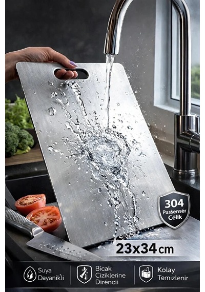 Çelik Paslanmaz Metal Tezgah Koruyucu Kesme Çelik Tahtası Hamur Açma Tezgahı 23x34 Cm Metalik