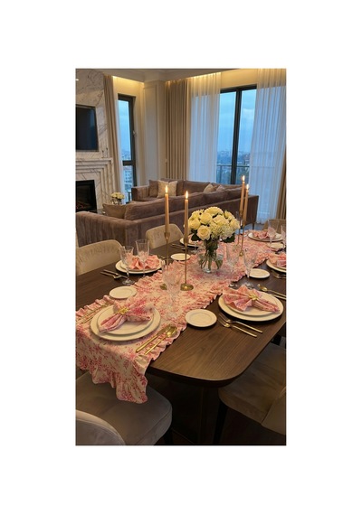 %100 Pamuk Simli Kumaş Pembe Desenli Fırfırlı Runner 40x150 Pembe - 890027440 Pembe