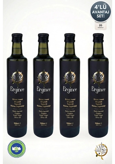Ergince Organik Erken Hasat Natürel Sızma Zeytinyağı Soğuk Sıkım 0,2 Asit Premium Lezzet 4x500 Ml