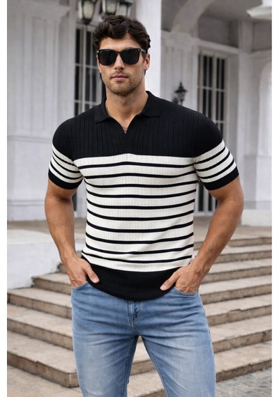 Tarz Cool Erkek Çizgili Triko Polo Yaka Slim Fit T-shirt Siyah