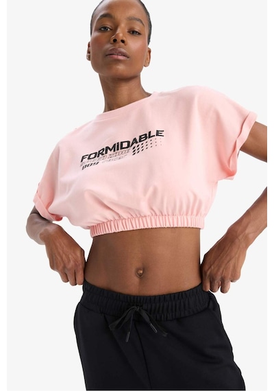 DeFactoFit Cropped Fit Bisiklet Yaka Baskılı Sporcu Kısa Kollu Kadın Tişört - Pembe D9035AX25SPPN243
