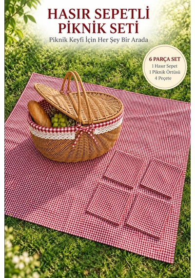 Hasır Görünümlü Oval Sepet 38 Cm + Piknik Seti 5 Parça Krem