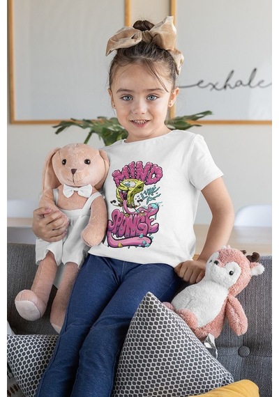 Sevbano Unisex Mind Like A Sponge Baskılı Süngerbob Çizgi Film Çocuk Tişö Beyaz