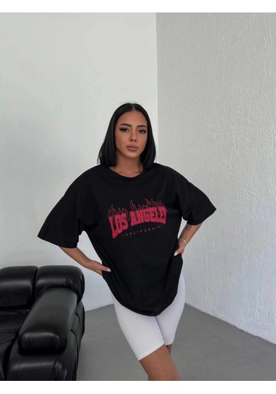 Freedom Storee Kadın Kısa Kol Yazlık Tişört Bisiklet Yaka Los Angeles Baskılı T-shirt - Siyah Çok Renkli