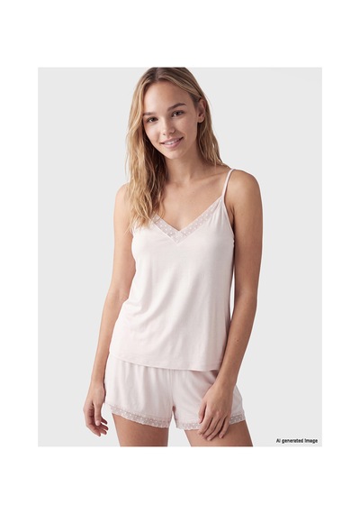 Lcw Dream Pembe V Yaka Tül Detaylı Kadın Şortlu Pijama Takımı