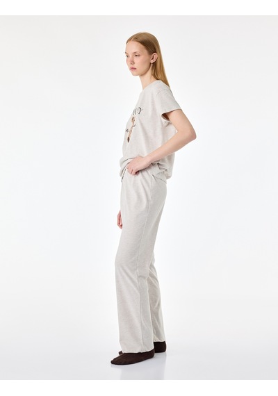 Koton Kısa Kollu Bisiklet Yaka Ayıcık Baskılı Pijama Takımı Bej Melanj 7wlk40266mk