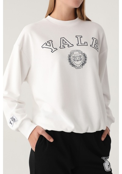 Yale Krem Baskılı Bisiklet Yaka Kadın Sweatshirt 5274-41118 Krem