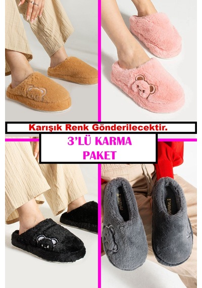 3 Lü Avantajlı Paket Kışlık Peluş Desenli Sessiz Ortopedik Taban Çeyiz Misafir Ev Terliği Seti 3'lü Ayıcık Terlik