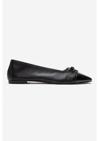 Luvi Shoes Romy Siyah-siyah Rugan Hakiki Deri Küt Burunlu Fiyonklu Kadın Babet Ayakkabı