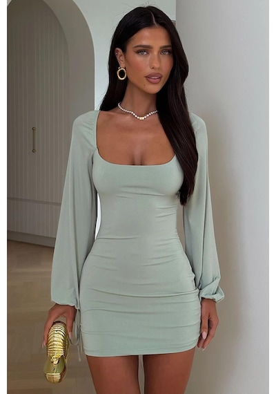 Pink Life Mint Aura Koyu Ton Yeşil Mini Elbise