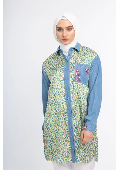 Pureva Taş İşlemeli Tencel Ve Desen Kumaşlı Tunik - Desen - 3 Çok Renkli