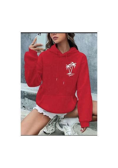 Medinenur Palmiye Baskılı Cepli Kapüşonlu Sweatshirt Kırmızı
