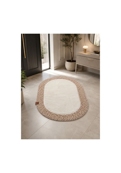 Oval Örgü Desenli 2'li Hasır Bej Dekoratif Paspas Set 40x60 / 50x80 Bej Bej