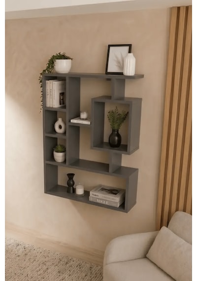 Reyo Enda Home Bigane Büyük Dekoratif Duvar Rafı 70,9 93,6 Cm, Asimetrik Çok Bölmeli Duvara Monte Raf - Antrasit