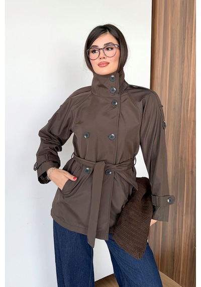 Giysa Kadın Dik Yaka Beli Kuşaklı Çift Cepli Trençkot Siyah - 27k 5980 Kahverengi