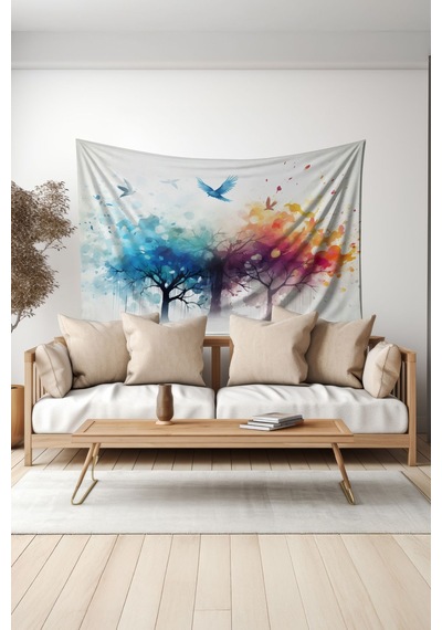 Renkli Ağaç Ve Kuşlar Desenli Duvar Halısı Duvar Örtüsü Tapestry Süet Dokulu Kumaş