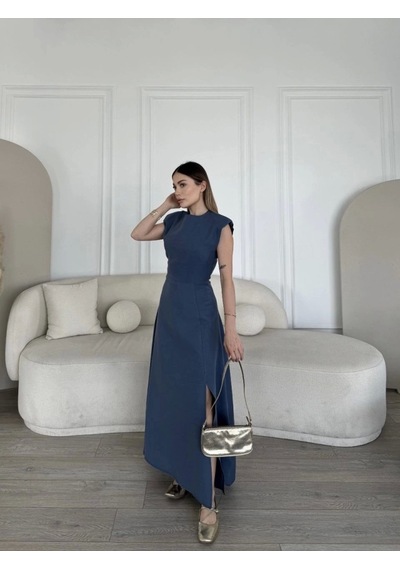 Defymoda Keten Yandan Yırtmaçlı Uzun Sıfır Kolsuz Elbise - Mavi Mavi