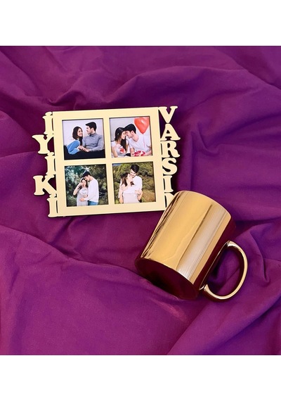 İyiki Varsın 4 Fotoğraf Standlı Mdf Gold Çerçeve Ve Gold Kupa Set