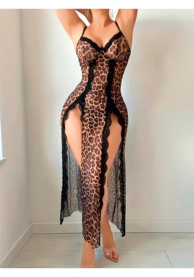 Ang Butik Leopar Desenli Yırtmaçlı Uzun Gecelik Leopar