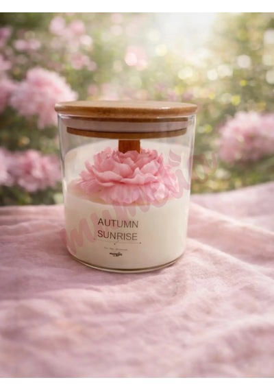 Mumelia Autumn Sunrise Şakayık Figürlü - Doğal Soya Cam Kavanoz Tasarım Mum - Pembe