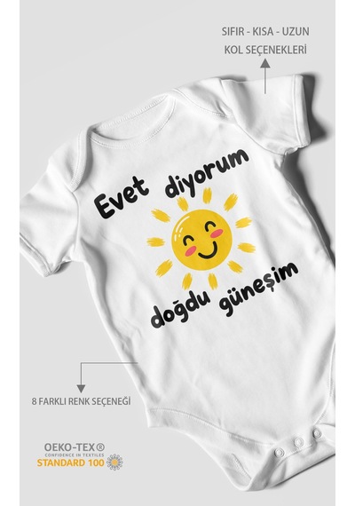 Morivokids Evet Diyorum Doğdu Güneşim Kısa Kollu Bebek Body %100 Pamuk Beyaz