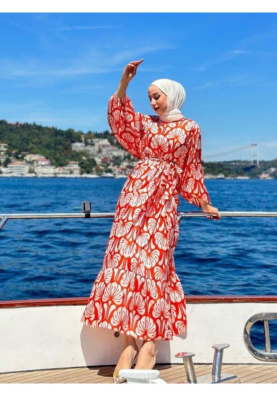 Vioshine Vıoshıne Kadın Desenli Saten Elbise-turuncu Turuncu