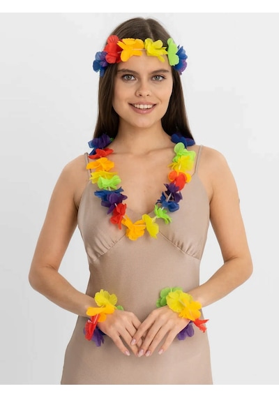 Rengarenk - 982 - Hawaii Kolye Taç Bileklik Seti - Dpmıx-hb - 4 Parça Çok Renkli