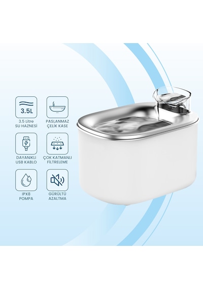 Haustier Wf007l Beyaz , Çelik Üst Tabla , 3.5lt Geniş Bpa İçermez Hazne, Otomatik Kedi Su Sebili,kedi Su Çeşmesi, Su Pınarı