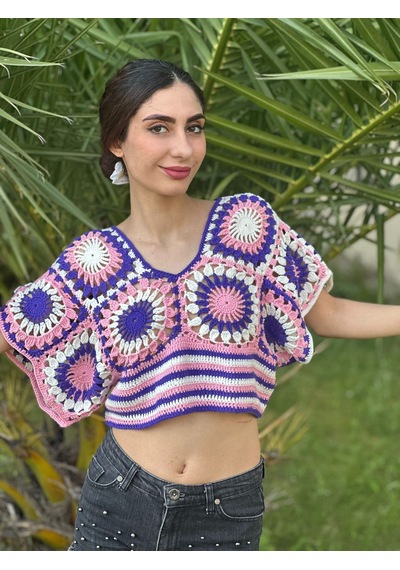 Gönülden Tasarım El Örgüsü Etnik Kadın Crop Bluz Mor