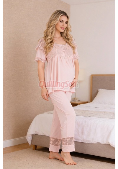 Lady Pembe Renkli, Derin Patlı, Dantel Detaylı 33002 Sabahlıklı 3lü Lohusa Hamile Pijama Takımı Açık Pembe