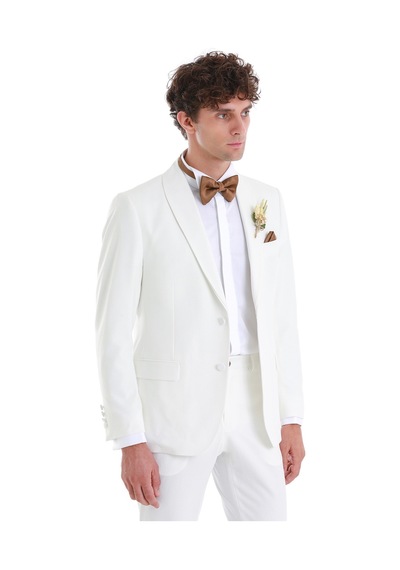 Hatemoğlu Beyaz Slim Fit Düz Çıkma Şal Yaka Smokin Damatlık 33122124c002 001 Beyaz