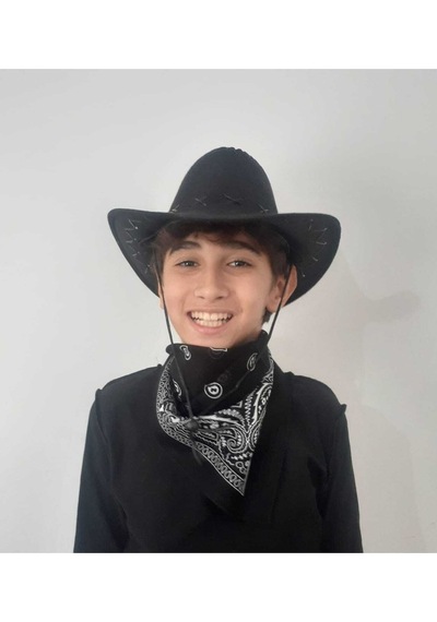 Uniquetrenders Çocuk 8 - 14 Yaş Süet Kovboy Şapkası Siyah Bandana Siyah