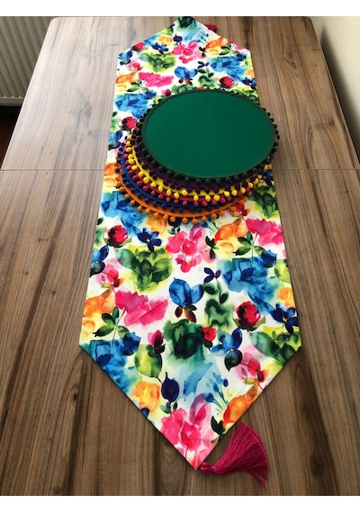 Suluboya Çiçek Desenli Runner & Ponponlu Supla Çok Renkli
