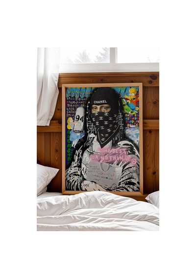 Chanel Maskeli Mona Lisa Çerçeveli Tablo Lüks Butik Güzellik Salonu Dekoru Street Art