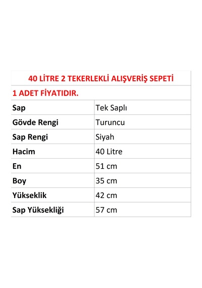 40 Litre 2 Tekerlekli Plastik Alışveriş El Sepeti Turuncu 1 Adet / En:51 Boy:35 Yükseklik:42 Cm