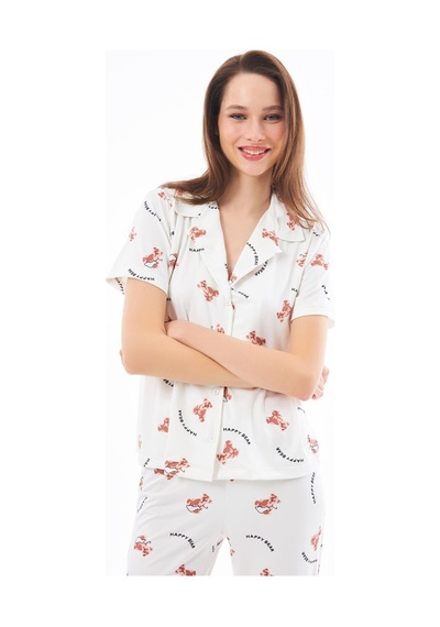 Cottonhill Premium Kadın Pijama Takımı Ayıcık Desenli Yumuşak Dokulu Kısa Kollu Gömlek Yaka Krem