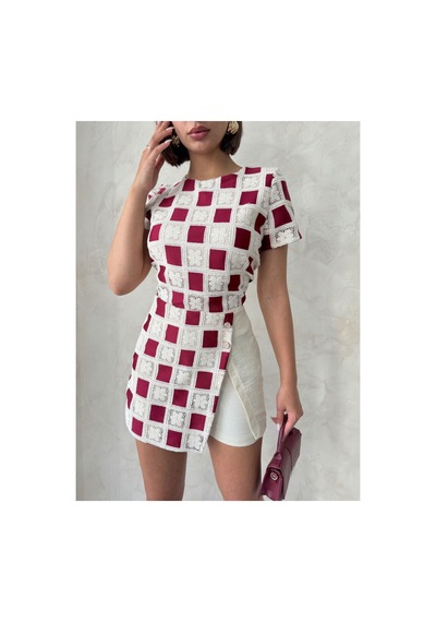 Verymoda Kısa Kollu Dama Desen Tiğişi Bluz D2619 Ham Bordo