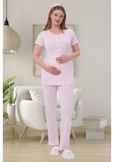 Mecit Pijama Mecit 1541 Pembe Uzun Sabahlıklı Lohusa Pijama Takımı