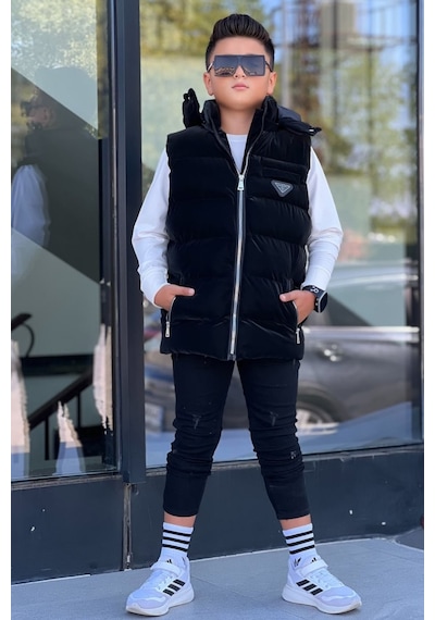 Pina Kids Erkek Çocuk Çıtçıt Kapüşonlu Nova Kumaş Şişme Yelek Ylk3026 Siyah