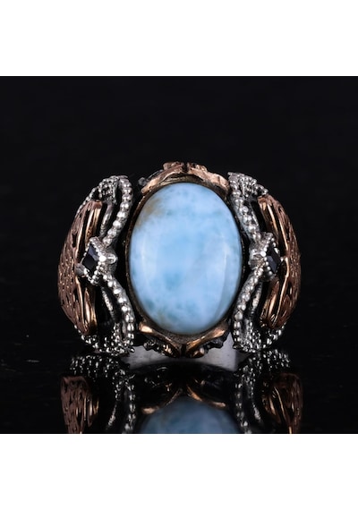 Doğal Larimar Taşlı Yüzük, 925k Saf Gümüş Erkek Yüzüğü, Okyanus Sakinliği Tasarımı Gümüş