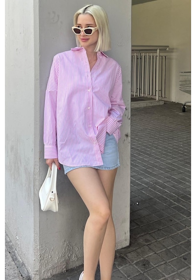 Madmext Pembe Çizgili Over Fit Gömlek Mg1525 Pembe
