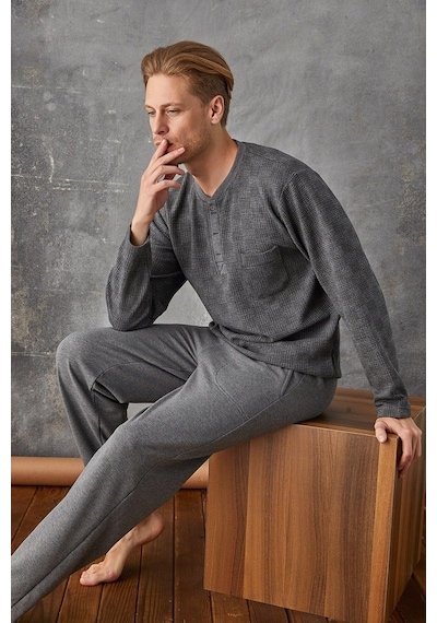 Kly 7027 Erkek Jakar Midi Yaka Pijama Takım