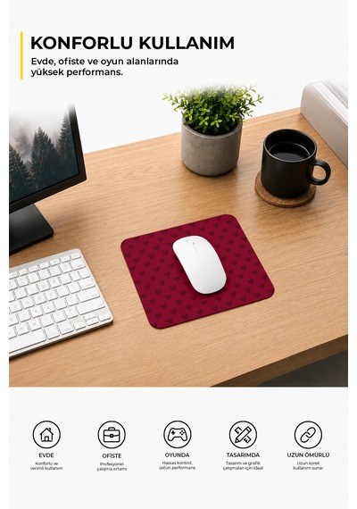 Bordo Renkli Kalpli Desenli Ergonomik Mouse Pad, Kaymaz Yüzey İle Ev Ve Ofis Kullanımı İçin İdeal