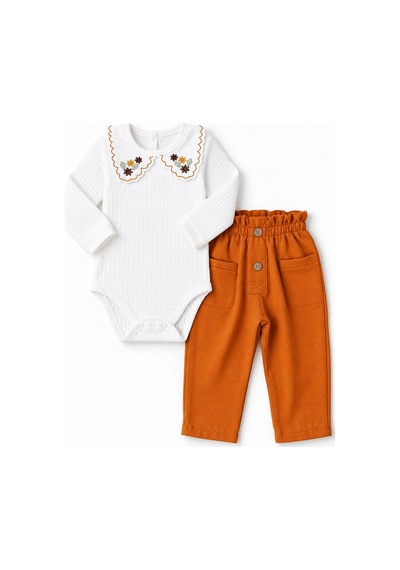 Babyhola 1-3 Yaş Kız Bebek Çocuk Çıtçıtlı Badi Pantolon Şık Alt Üst 2'li Takım Bayramlık 2327 Turuncu