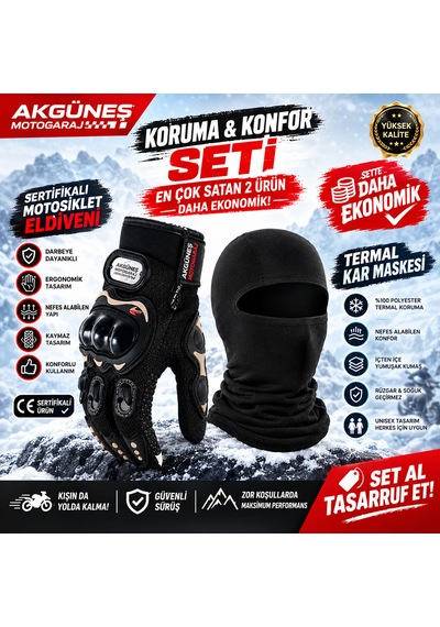 Akgüneş Motogaraj Motosiklet Koruma Eldiveni Ve Termal Kar Maskesi Kışlık Ekonomik Set Siyah