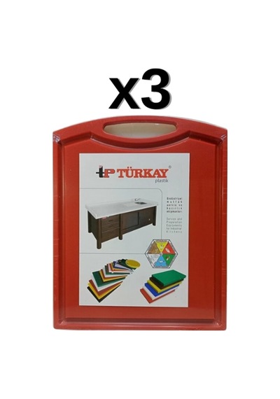 3'lü Türkay 32.5x26.5x1 Cm Saplı-oluklu Polietilen Kesme Tahtası Kesim Levhası Kırmızı 1237