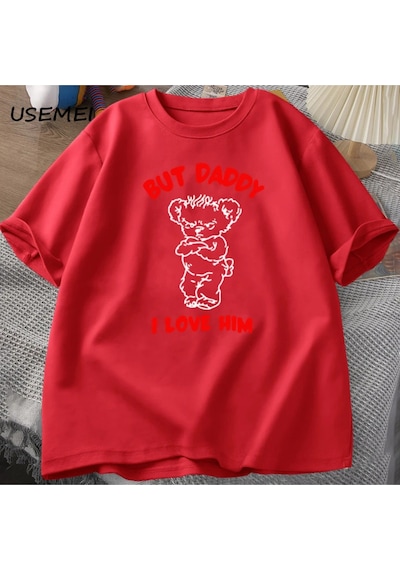 Flood Of Style Ama Baba Onu Seviyorum Ayı Pamuklu Tişört Erkek Giysiler Yaz Rahat Erkek Tasarımcı Giyim T Sh Kırmızı