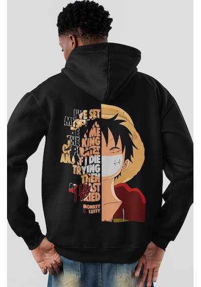 Sevbano Monkey D. Luffy One Piece Anime Sırt Baskılı Unisex Oversize Peny Siyah